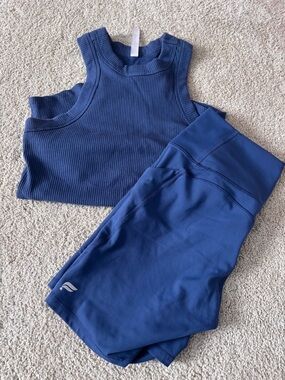 Fabletics Blue Ribbed Tank and Matching Blue Leggings Set